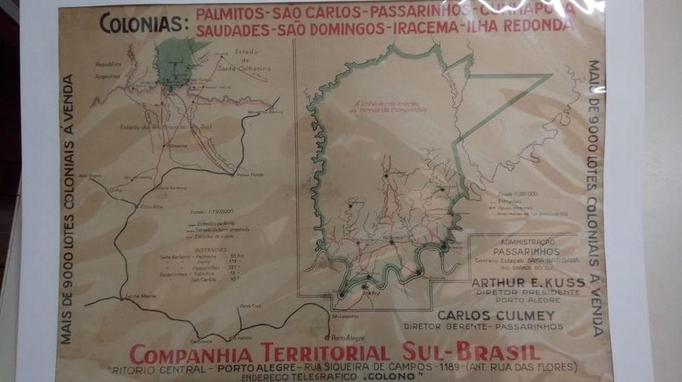 Mapa da Cia Sul Brasil, Indicando a área de atuação. Hoje formaram-se 18 municípios nesta área, incluindo Saudades-SC. O primeiro Diretor de colonização foi Carlos Culmey.