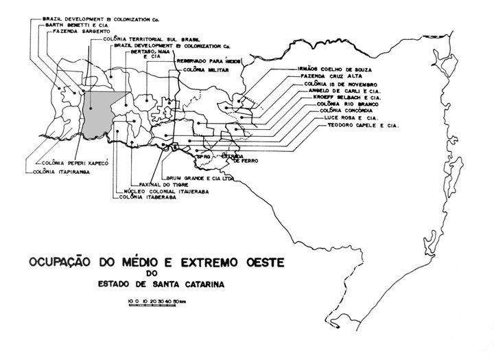 Companhias colonizadoras que atuavam no Oeste Catarinense. Em destaque a Companhia Territorial Sul Brasil, responsável pela colonização de Saudades-SC.